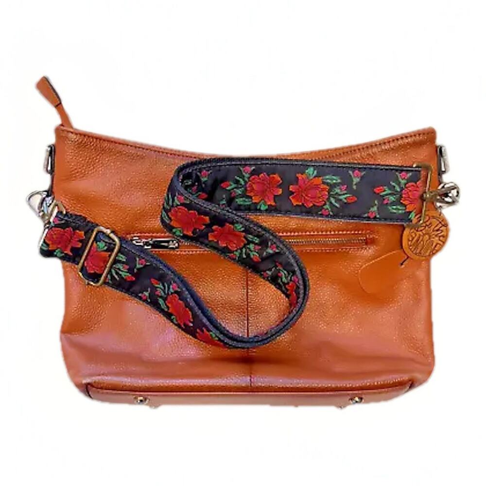 Bostanten Brown Leather Crossbody Bag w/‎ Embroidered Rose Strap ~ 14" Purse